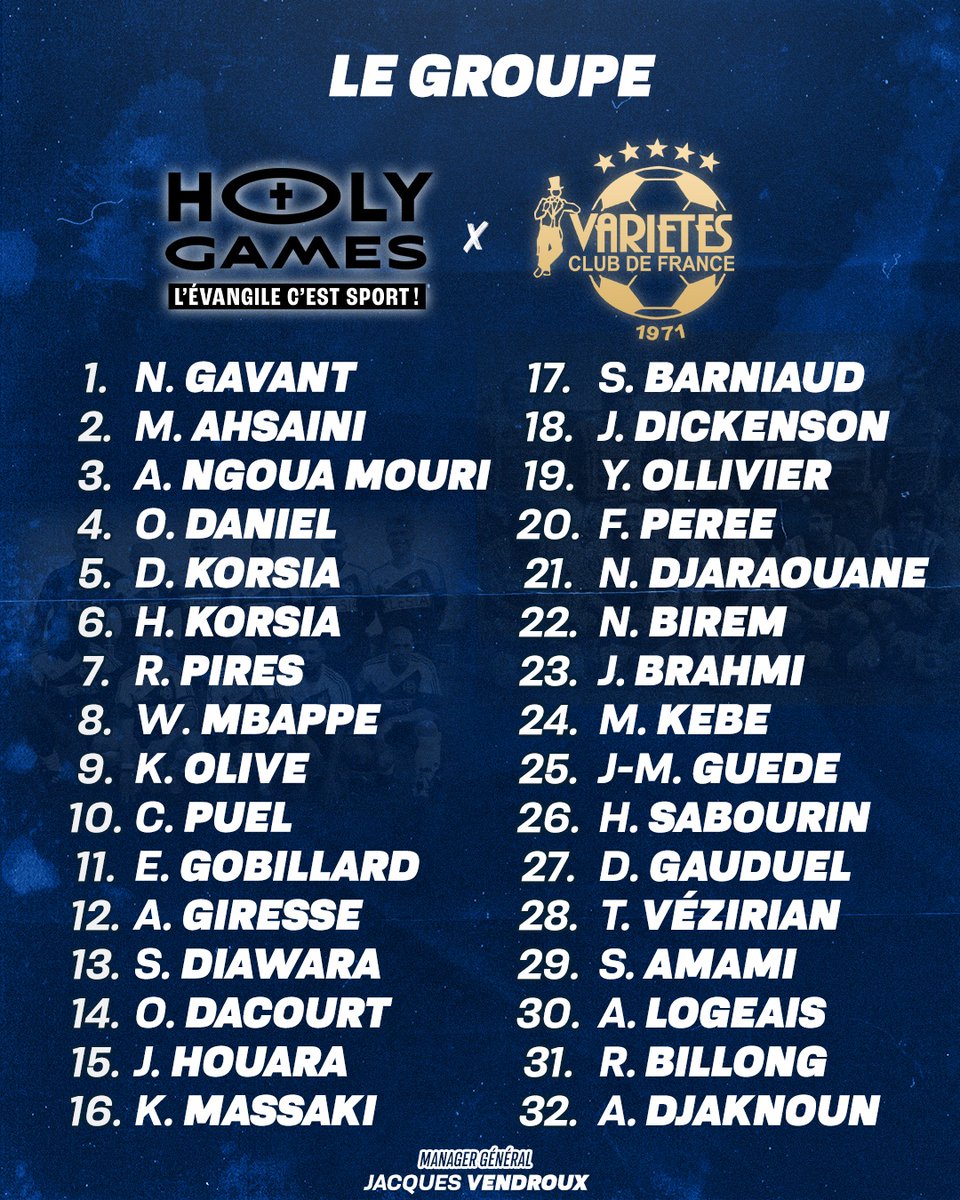 Ce dimanche, le Variétés Club de France se rend à Poissy. 🔥 Voici notre groupe pour le match 🆚 Sélection Nationale des prêtres 🏟️ Stade Léo Lagrange ⌚️ 15h 💸 Au profit de @holygames2024