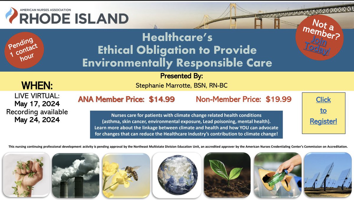 Join ANA Rhode Island for a webinar on 'Healthcare’s Ethical Obligation to Provide Environmentally Responsible Care' Friday, May 17, 2024 at 12 - 1 pm ET. Register here: zurl.co/FnH2