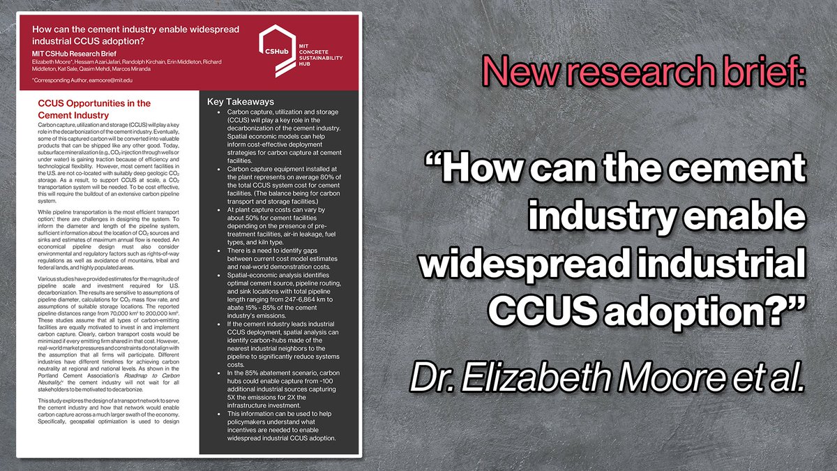 Our new #research brief investigates how the #cement industry can enable widespread #CCUS adoption by creating a #carbontransport network which nearby industrial facilities can tap into. @liz_moore22 @ConcreteAdvFdn @PCA_Daily @nrmca cshub.mit.edu/2024/05/03/how…