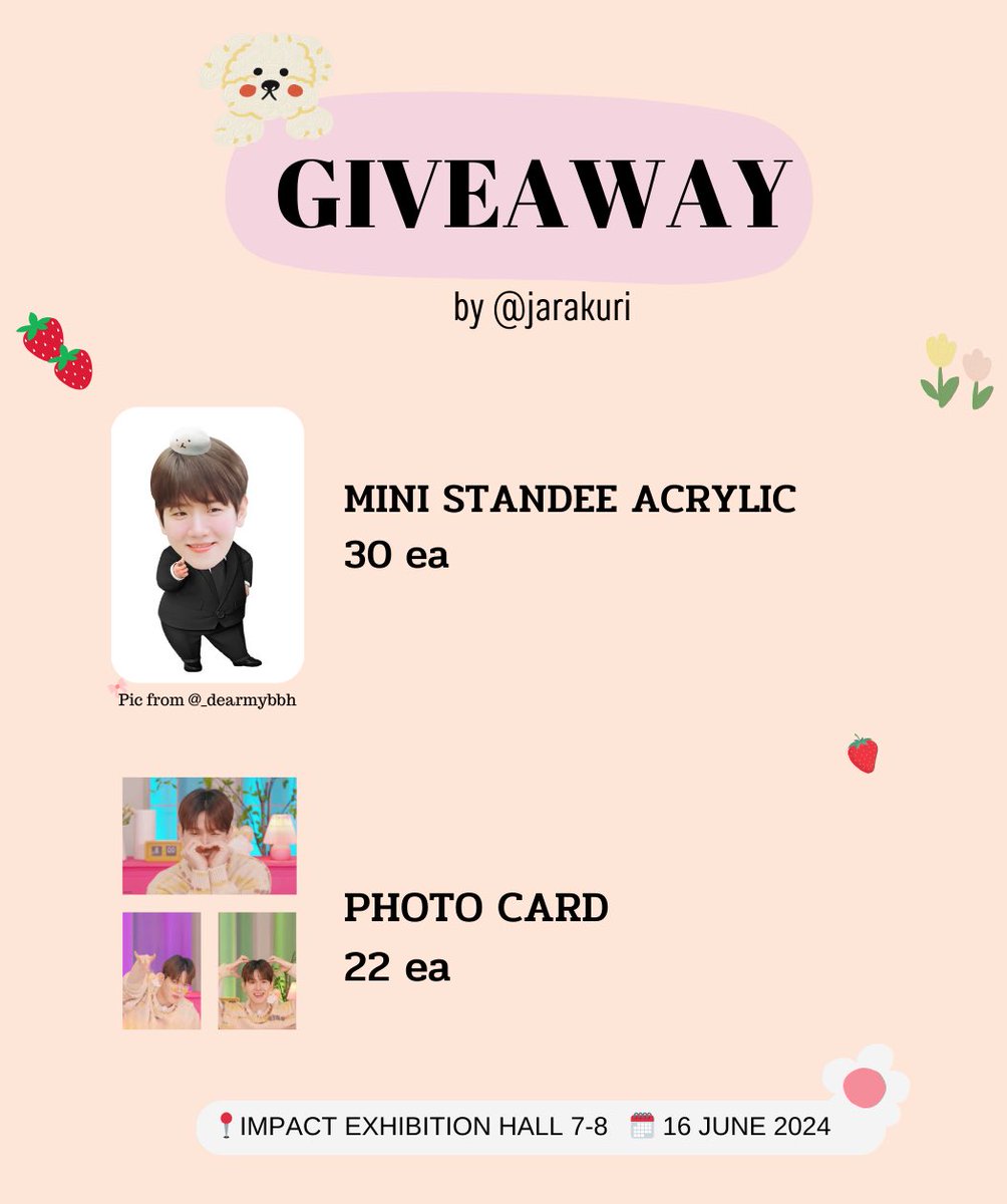 Giveaway BBH🐶🍓🫶🏻✨

•Mini standee  30 ea
•Photo card  22 ea 

🗓️ date : 16 June 2024
📍 location : Impact Exhibition Hall 7-8
🕛 time : tba

     ✨RT & Show this tweet✨

#BBHLonsdaleiteinBKK 
#2024BAEKHYUNASIATOURinBKK