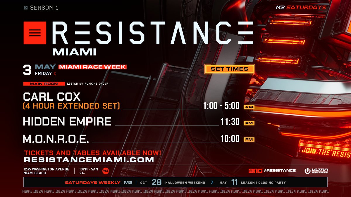 Here we go! RESISTANCE Miami Race Week kicks off tonight with King @Carl_Cox, @_HiddenEmpire_, and m.O.N.R.O.E.! Catch you all at @M2_Miami_! Final Tickets ➡️ resistancemiami.com/tickets Table Reservations ➡️ resistancemiami.com/tables