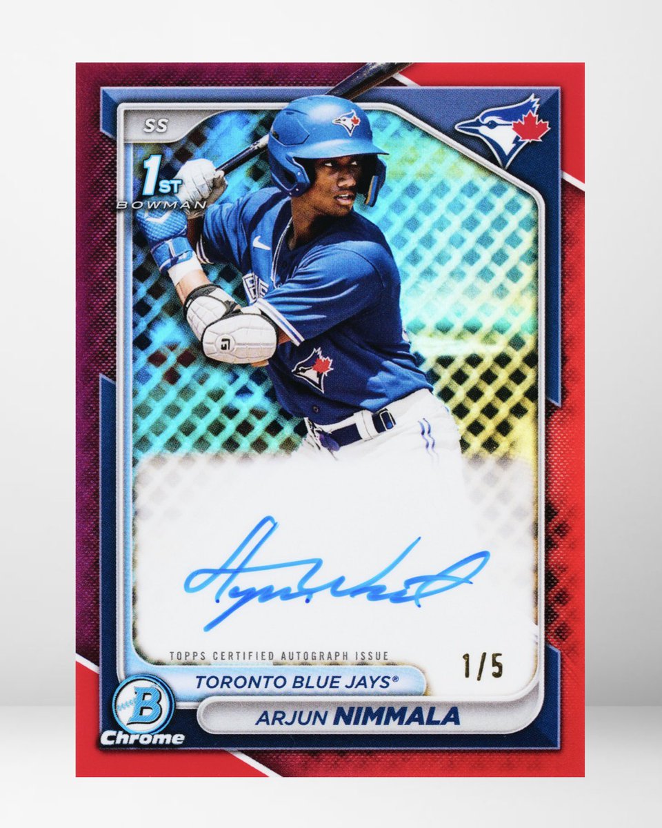 𝗙𝗜𝗥𝗦𝗧 𝗟𝗢𝗢𝗞: Arjun Nimmala’s 1st Bowman Chrome Auto is also his first ever Blue Jays card…who’s chasing these?