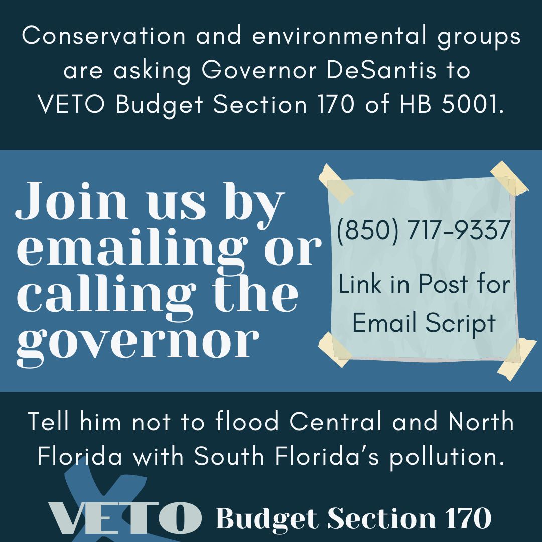 📣 Action Alert! 📣 Tell Governor DeSantis not to flood Central and North #Florida with South Florida’s pollution. Ask him to VETO Budget Section 170 of HB 5001. Learn more and take action: floridaspringscouncil.good.do/2024legislativ…