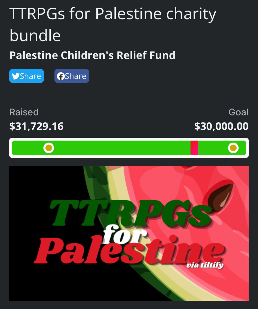TTRPGs for Palestine via tiltify closes TONIGHT! If you want to get your hands on 190 TTRPGS for a donation of just $15+ now is the time! Thank you for all the support to PCRF, this has been amazing!
