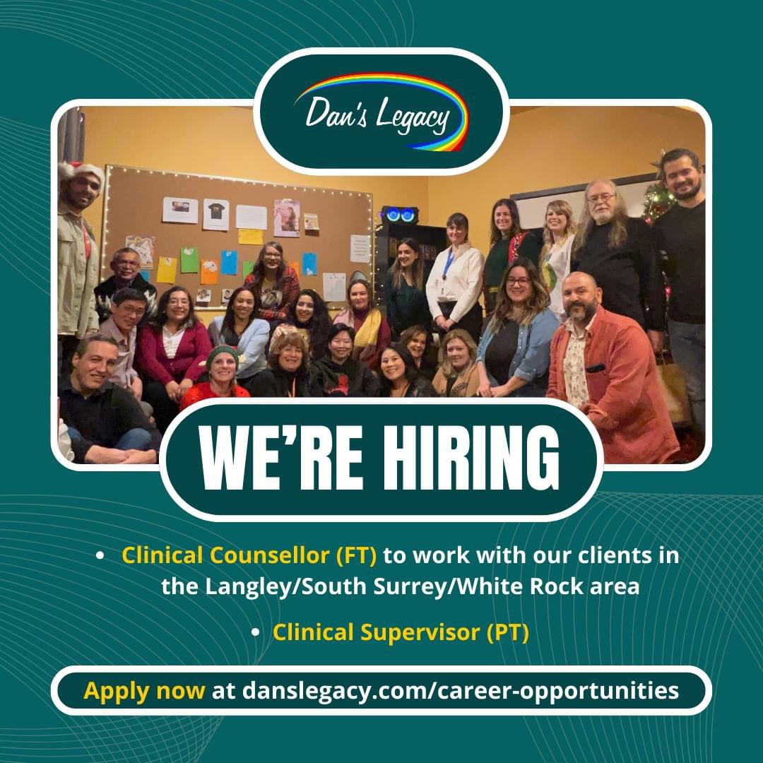 We are currently seeking a full-time Clinical Counsellor and a part-time Clinical Supervisor. 

Apply today and join our amazing team: danslegacy.com/career-opportu…