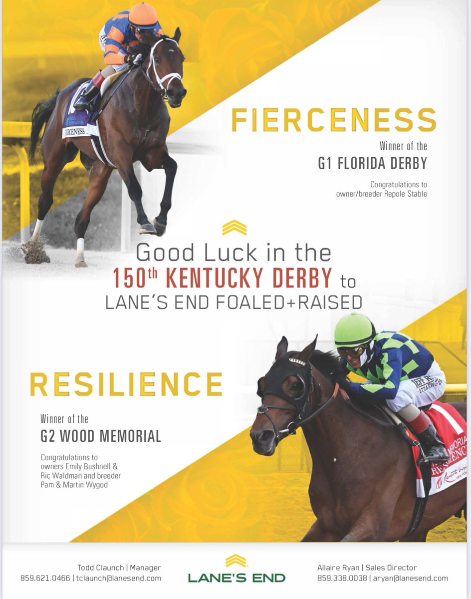 Good luck in the 150th @KentuckyDerby🌹to Fierceness, winner of the GI Florida Derby, and GII Wood Memorial winner Resilience, both @LanesEndFarms foaled and raised!