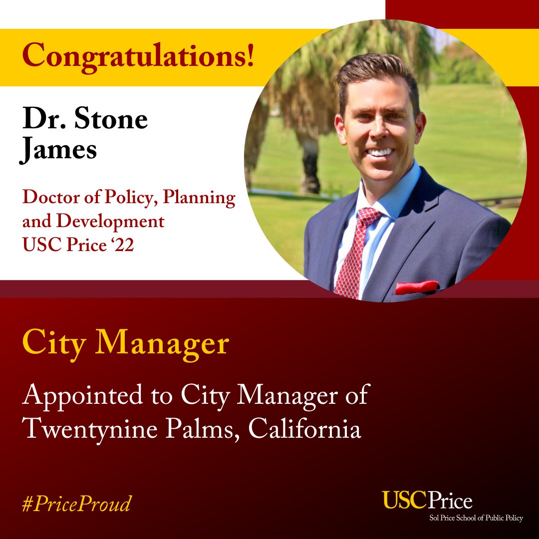 Please join us in congratulating #USCPrice alum Dr. Stone James for his recent appointment as City Manager to @cityof29palms! #PriceProud ✌️