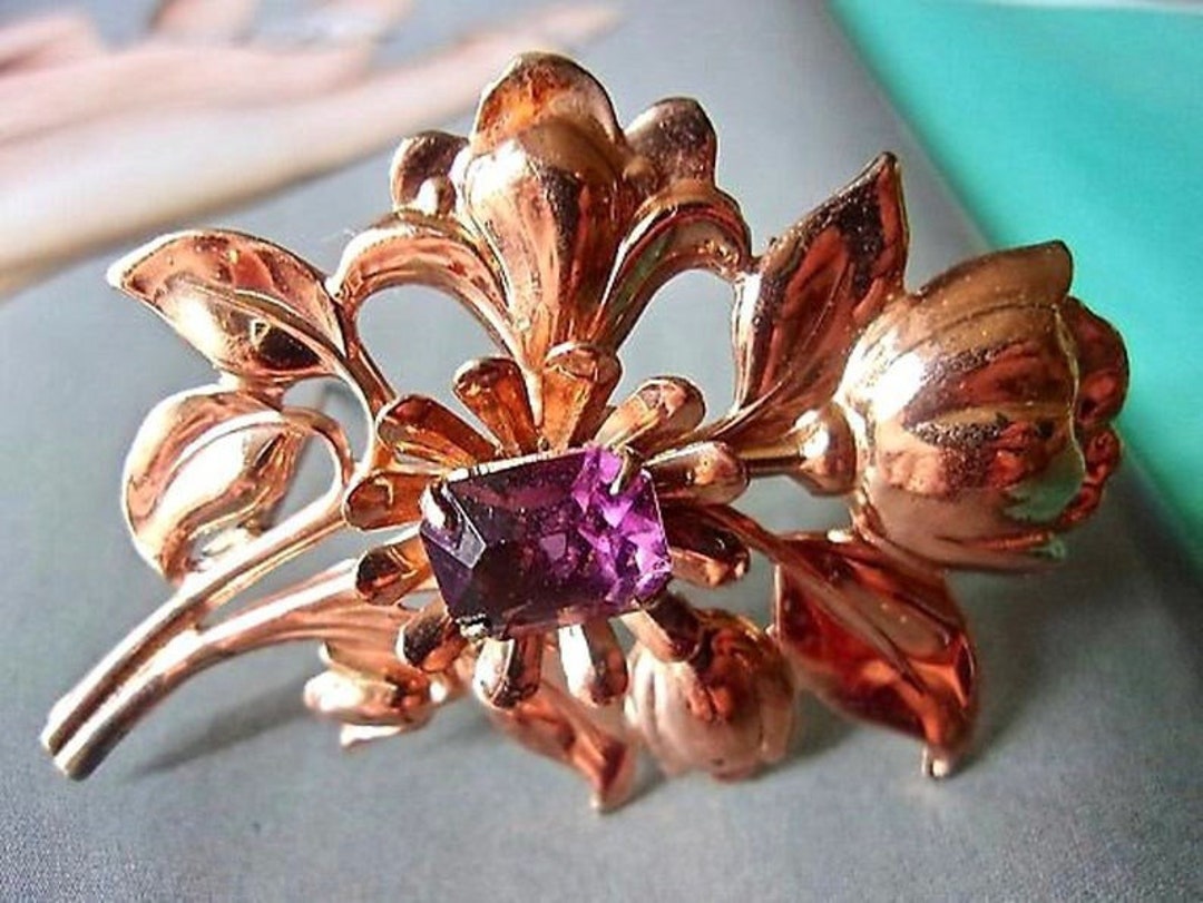 Glass Amethyst Sterling Copper Brooch, Floral Flowers Stems, Vintage by RenaissanceFair dlvr.it/T6Nn52