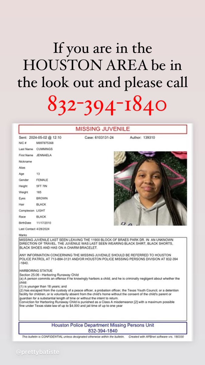 MISSING in the HOUSTON TEXAS area! Please contact 832-394-1840
If you have seen this young lady! Thank you so much in advance! Feel free to repost! #houstontexas #MissingAlert #teen #missingteen #Texas #houstontexas #missingjuvenile