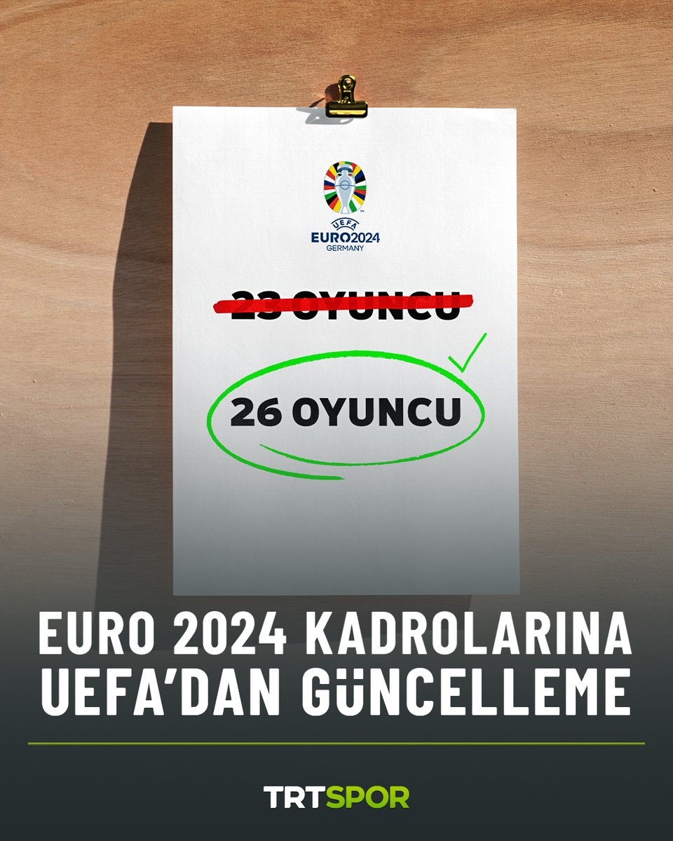 🏆⚽EURO 2024'te mücadele edecek takımların kadrolarındaki oyuncu sayısı 23'ten 26'ya çıkarıldı.

#Euro2024TRTde