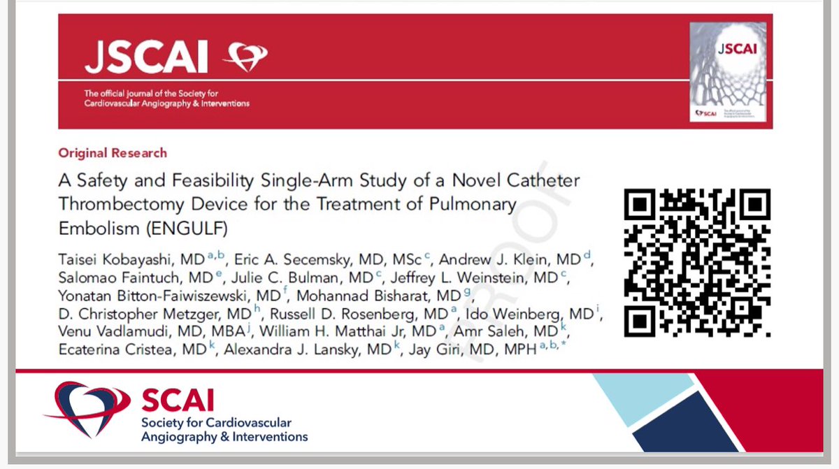 @TaiKobayashiMD presents & publishes ENGULF trial: first in human experience with novel E2 Helo Catheter at @SCAI 2024. 15F catheter w/ 24F expandable tip, dual articulations for navigation, & an internal agitator. Good safety and RV improvement. jscai.org/article/S2772-…