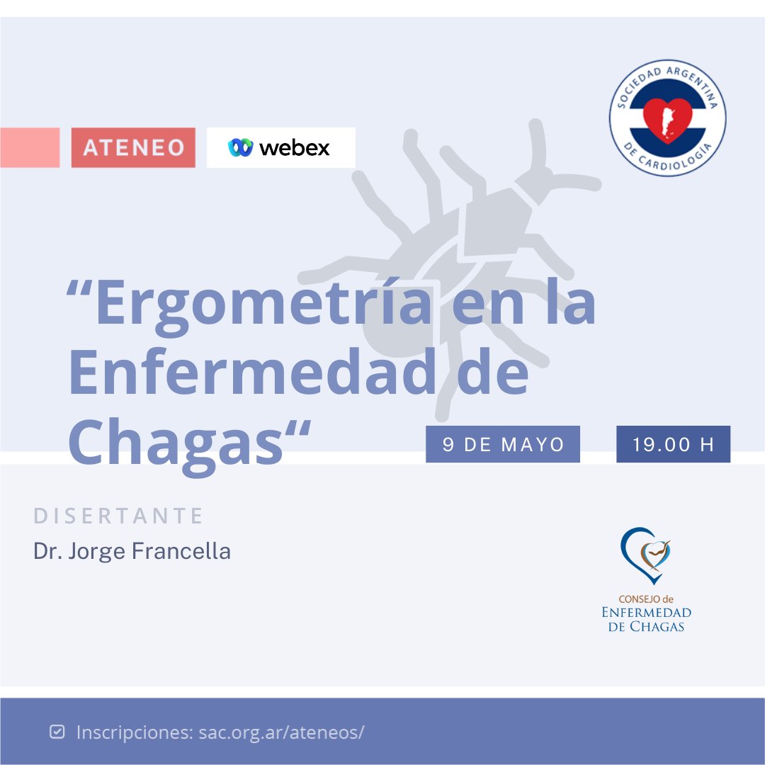 🔵Ateneo 👉 “Ergometría en la Enfermedad de Chagas” 📅 Jueves 9 de mayo ⏰ 19 h ✅Más información 👉🔗 sac.org.ar/evento/ergomet…
