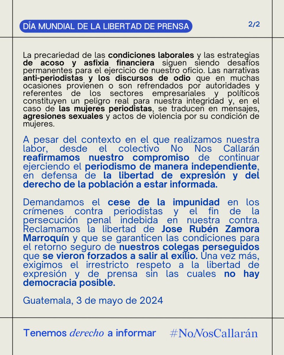 🗣️❌Sin libertad de expresión y de prensa, no hay democracia. 📌 Nos unimos en este Día Mundial de la Libertad de Prensa para exigir justicia, para nuestros colegas perseguidos y libertad para Rubén Zamora, seguridad y libertad para informar. #NoNosCallarán