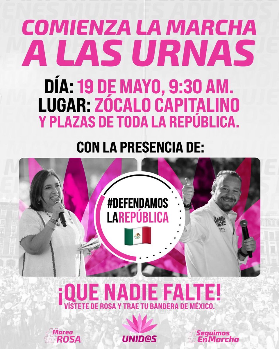 #XóchitlMarchaConmigo

📢 ¡Prepárate! 🗓️ El próximo 19 de mayo la ciudadanía volverá a tomar las calles de todo México. 🇲🇽 Espera los detalles

#MareaRosaMayo19 

#DefendamosLaRepública 

#SeguimosEnMarcha 

#DeLaMarchaALasUrnas