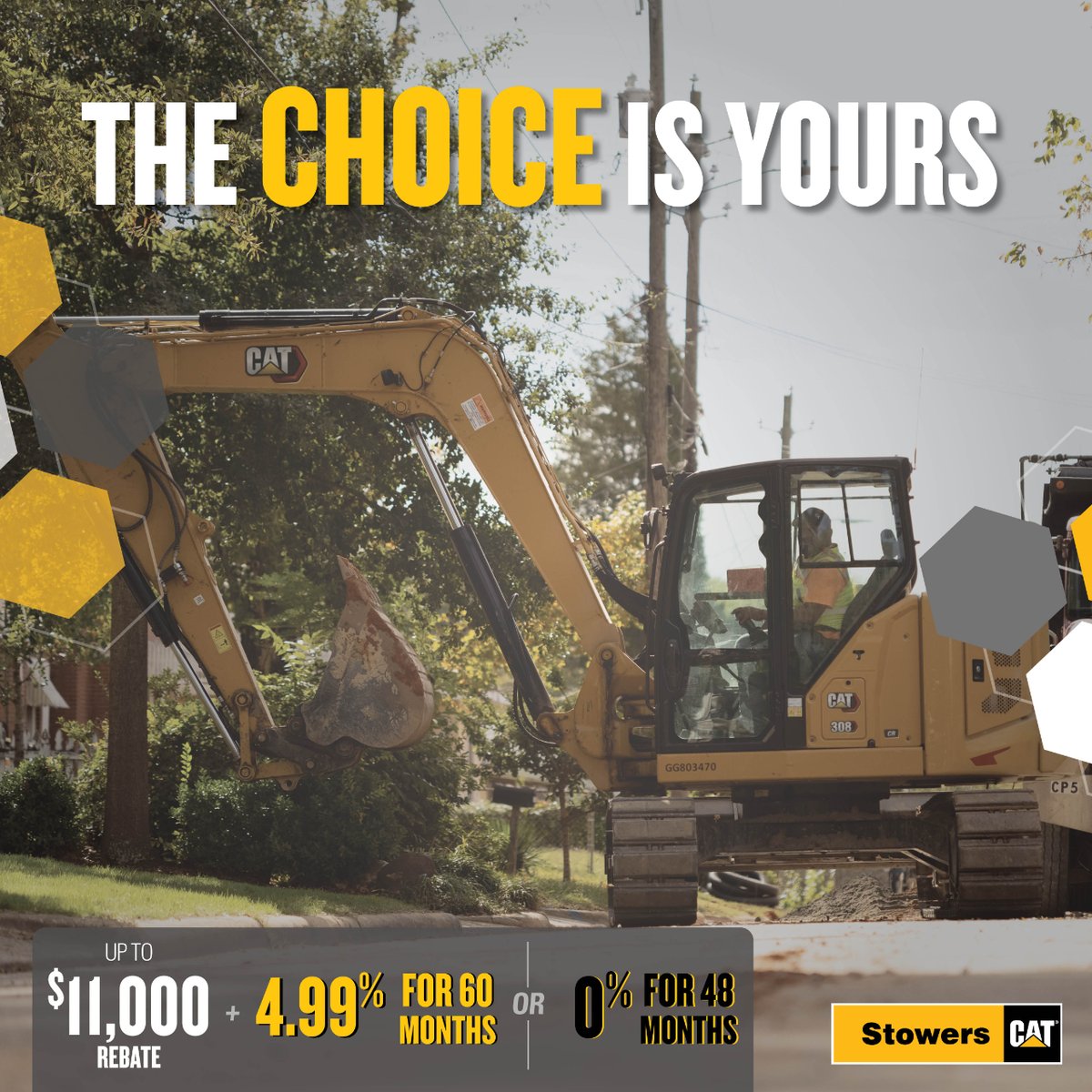 Cat compact construction equipment delivers power & performance. Take advantage of up to a $11,000 rebate & 4.99% for 60 months or 0% for 48 months when you purchase a piece of compact equipment. The #ChoiceIsYours! bit.ly/3v3c1gC

#StowersCat
