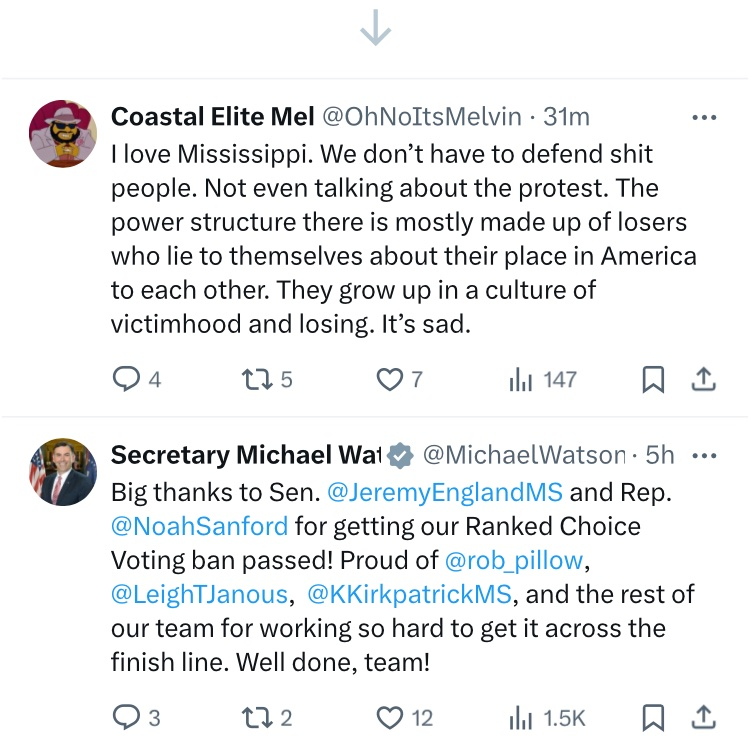 This juxtaposition made me laugh because it illustrates @OhNoItsMelvin's point so well. Ranked-choice voting is already banned in MS...but Watson advocated passing a new law banning it again so he'd have something to talk about, and #MSleg spent valuable time to gratify him.