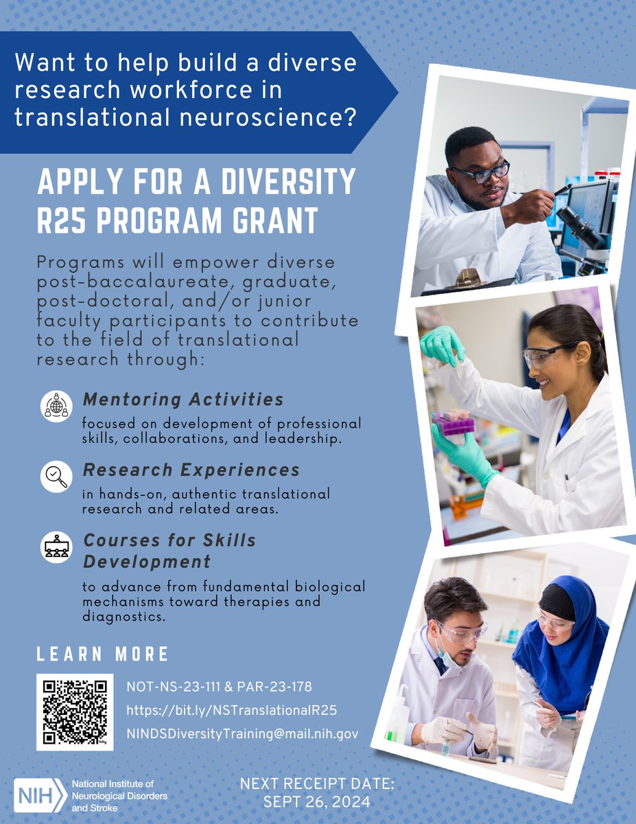 NINDS is seeking applications for training programs to enhance diversity within the translational research workforce! For more information, refer to NOT-NS-23-111 and PAR-23-178 Next receipt date: Sept 26, 2024 Learn more: bit.ly/NSTranslationa…