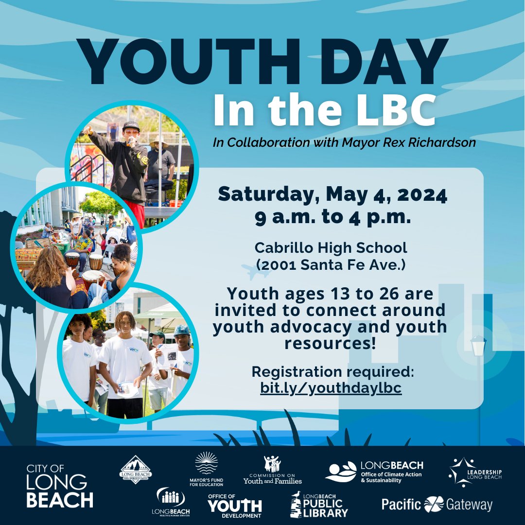 📢 #YouthDayintheLBC is happening tomorrow 📆 Saturday, May 4, at 📍Cabrillo High School from 9 a.m. - 4 p.m. for Youth ages 13-24. Live entertainment, interactive college and job fair, resources, and more! Register now at 🔗 bit.ly/3UdjTWz.