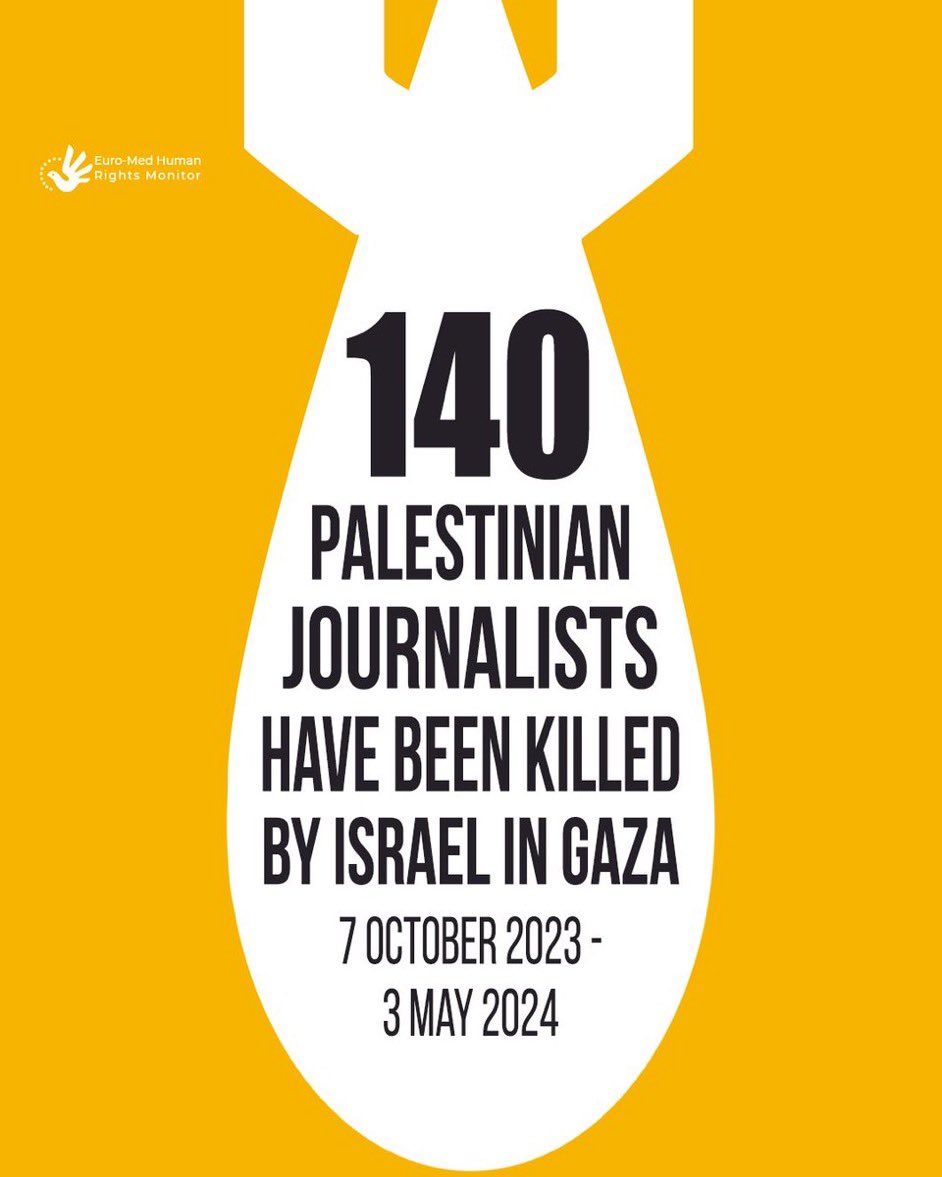 Agreed #ProtectJournalists! Nothing justifies the targeting of journalists! YET, since 🇮🇱 war on #Gaza, 140 Palestinian journalists have been killed.
#WorldPressFreedomDay #journocide h/t @EuroMedHR