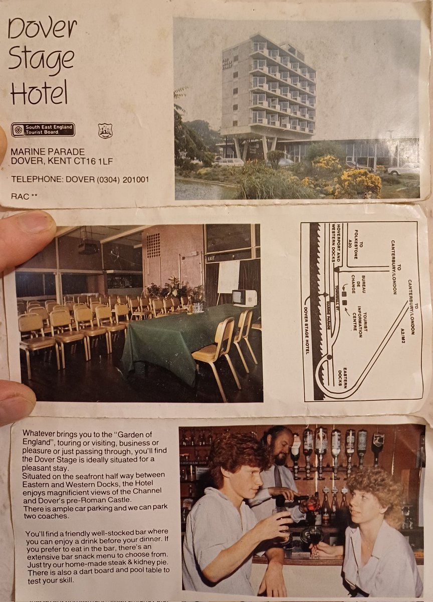 @SeasideFerry @Pastpreservers @BatsfordBooks Ah! The Dover Stage Hotel. A certain young man got roped in by his new girlfriend (who was a receptionist at the hotel) to pose for a new flyer. 1985.
The couple were married in July '88. The hotel demolished Nov '88.
We're still together, and will share a drink or 2 this weekend