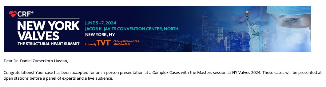 I'm happy to share that our complex case has been accepted for a presentation at NY Valves 2024! Grateful for this opportunity to share and learn from esteemed experts. #NYValves2024 #CedarsSinai