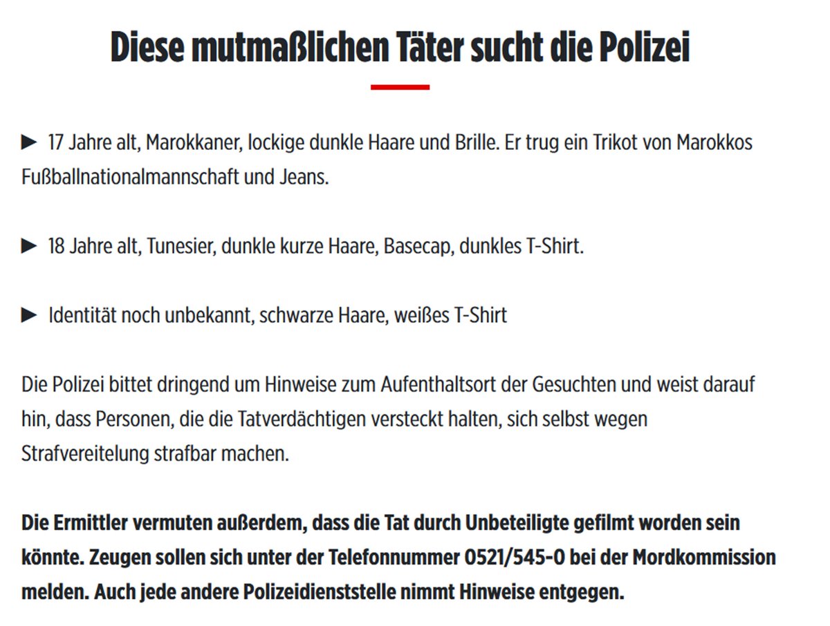 Hier braucht die #Polizei #Bielefeld #NRW eure Mithilfe. Ein 17-Jähriger aus #Marokko & ein 18-Jähriger aus #Tunesien sowie eine noch unbekannte Person stehen im dringenden Tatverdacht, in der Nacht zum 1. Mai einen Mann in #Paderborn zu Tode geprügelt zu haben. Beide bekannte…