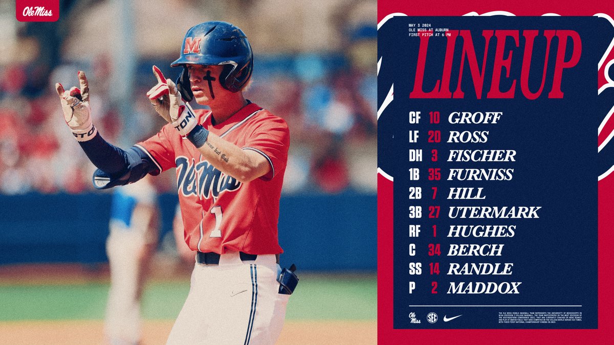 Lineup for game one at Auburn #HottyToddy #RoadREBS