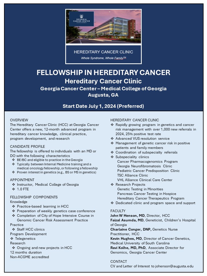 Introducing our new Hereditary Cancer Fellowship at @GACancerCenter led by Dr. John Henson. A great opportunity for candidates interested in superb training in this area.