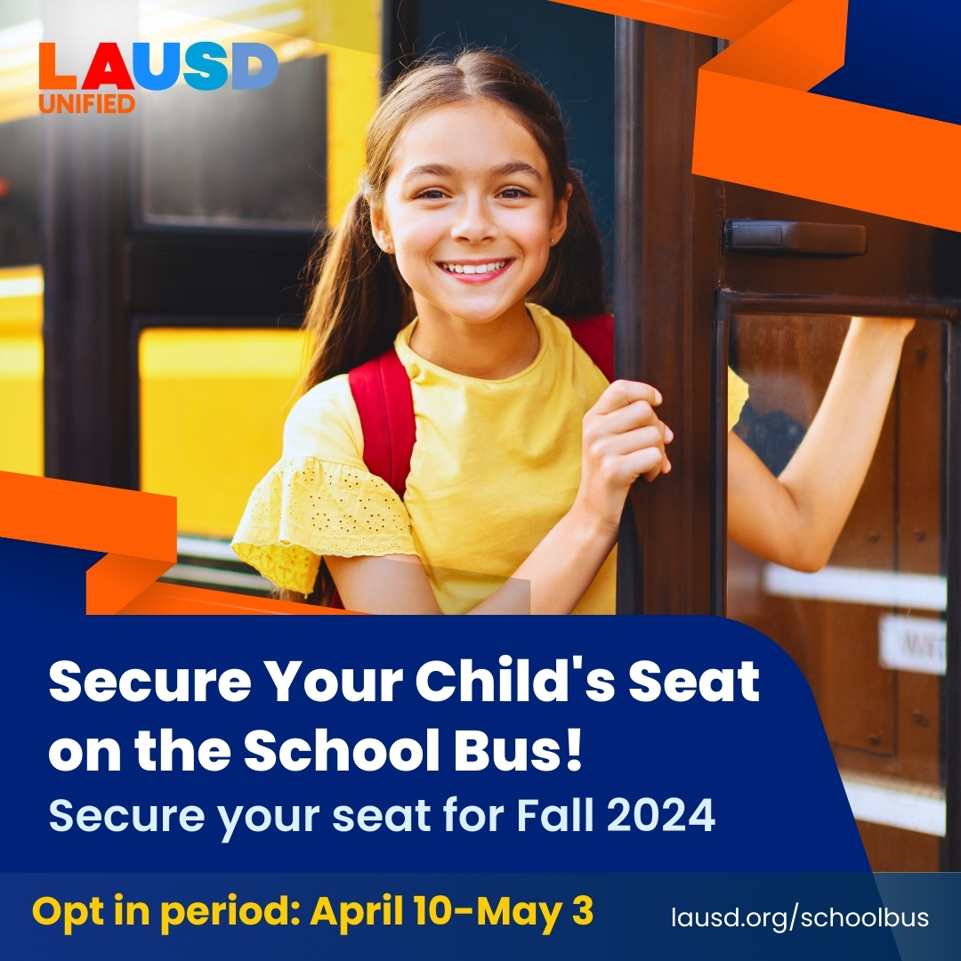 Attention @LASchools parents! Secure your child’s seat on the school bus for the upcoming school year. reserve your child’s seat at lausd.org/schoolbus by May 3.