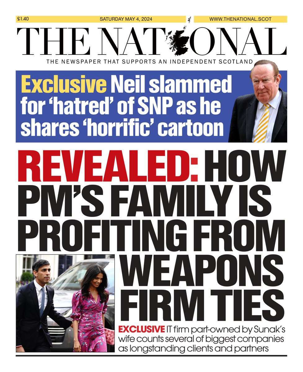 A look at tomorrow's front page as The National can reveal how Rishi Sunak's family firm is profiting from strong links to the arms industry 🗞️