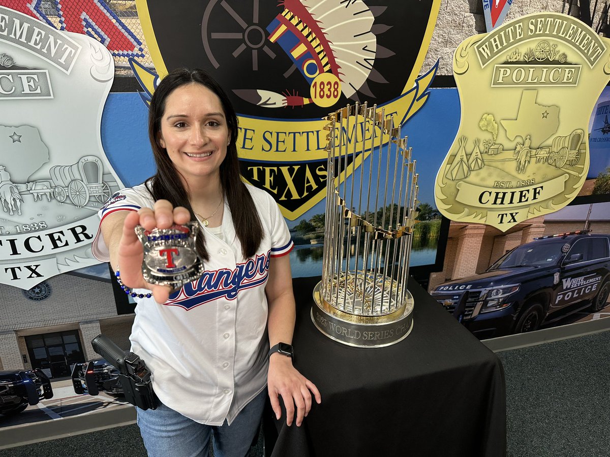 Thank you Rob Matwick, Jeff Holman, and Cheryl with the @Rangers for bringing the World Series Champion Trophy to our city and public safety employees! You have a loyal fan base with our teams! It’s beautiful to see up close! #WentAndTookIt #StraightUpTX