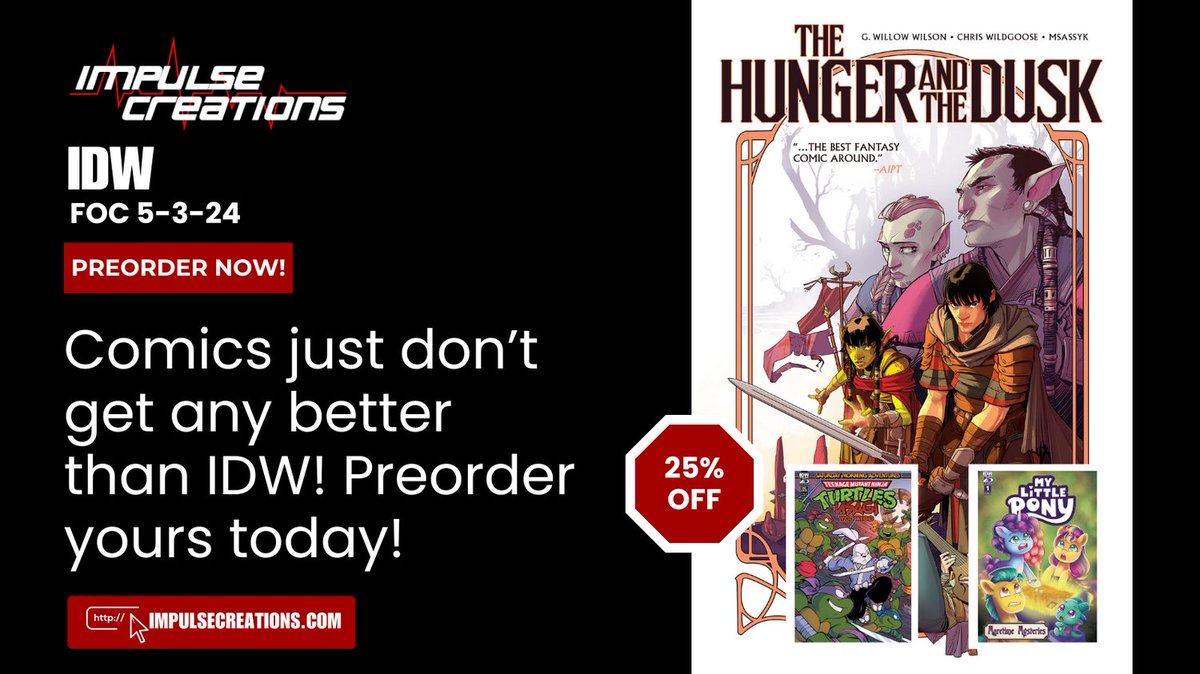 The Hunger and the Dusk is flat out one of the best fantasy comics of all time and that's just the tip of the iceberg for the great selection on FOC this week from IDW! @IDWPublishing
impulsecreations.com/collections/pr…