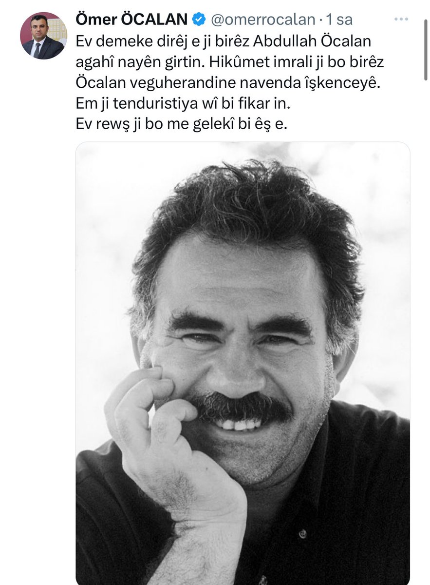 Türkiye Büyük Millet Meclisi mensubu,  teröristbaşı Öcalan’ın yeğeninin paylaşımı: