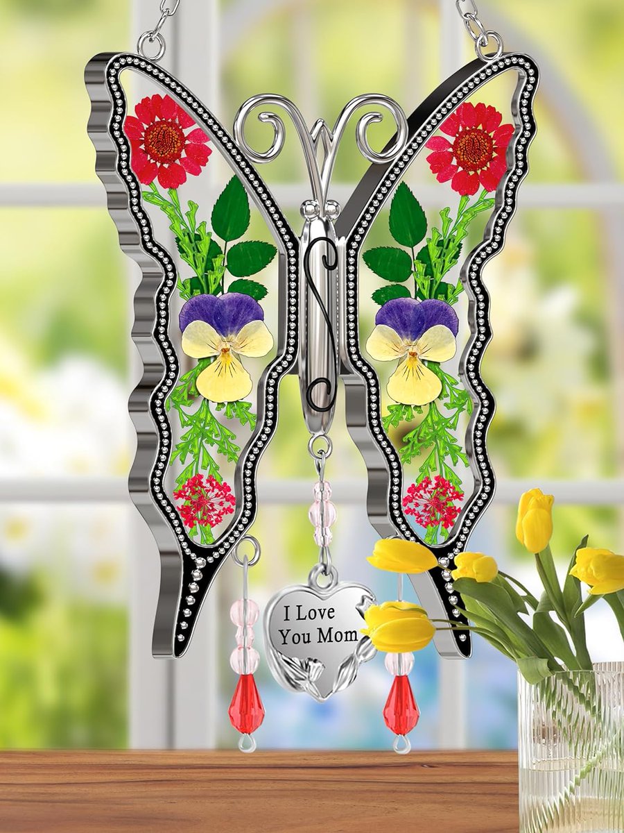 KY&BOSAM Gifts for Mom Suncatcher Butterfly Mom Gifts Mothers Day I Love You Mom-Stained Glass Sun Catcher Hanging Wind Chime Ornament for Window Gift for Mother`s Day.  shopstyle.it/l/ca0s2