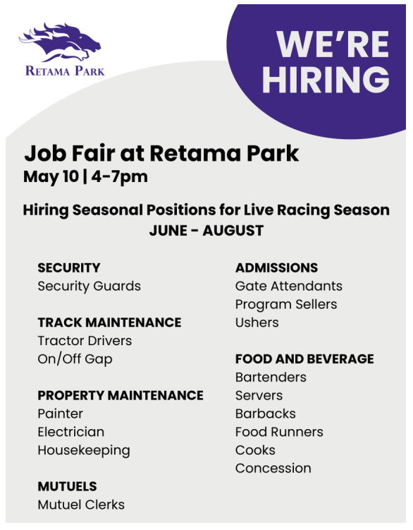 Looking for a summer job? Retama Park is hosting a hiring fair on May 10th from 4-7pm at Retama.