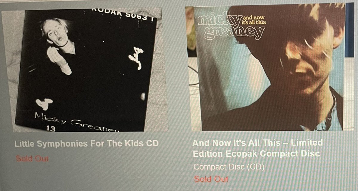 And people told us no one bought CDs anymore! 1st pressing having already sold out, 2nd pressing of “And Now It’s All This” CD should be with us in 10 days. (“Little Symphonies” properly sold out - unless Micky finds some more) Vinyl LP still in stock. mickygreaney.bandcamp.com