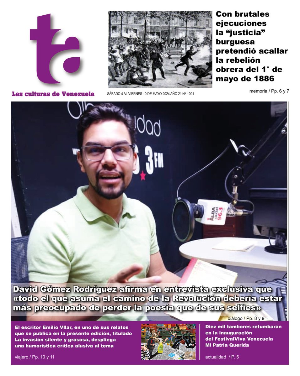 Portada del semanario de las culturas en Venezuela @Todasadentro1 en su edición 1091 que ya está circulando por el mundo entero @minculturave @albaciudad @VillegasPoljak