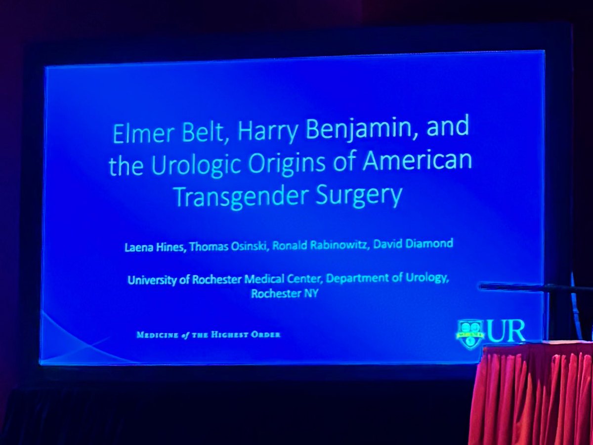 Rockstar #PGY4 research resident @laenahines with an absolutely fascinating #history talk on the origins of #transgender surgery. #AUA24 #URMCUroRes