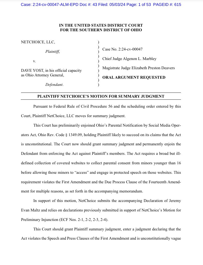 NetChoice Files Motion Asking Court to Permanently Halt Unconstitutional Ohio Law That Fails Kids & Parents COLUMBUS, Ohio—Today, NetChoice filed a motion in the U.S. District Court for the Southern District of Ohio, asking the court to permanently enjoin the State’s…