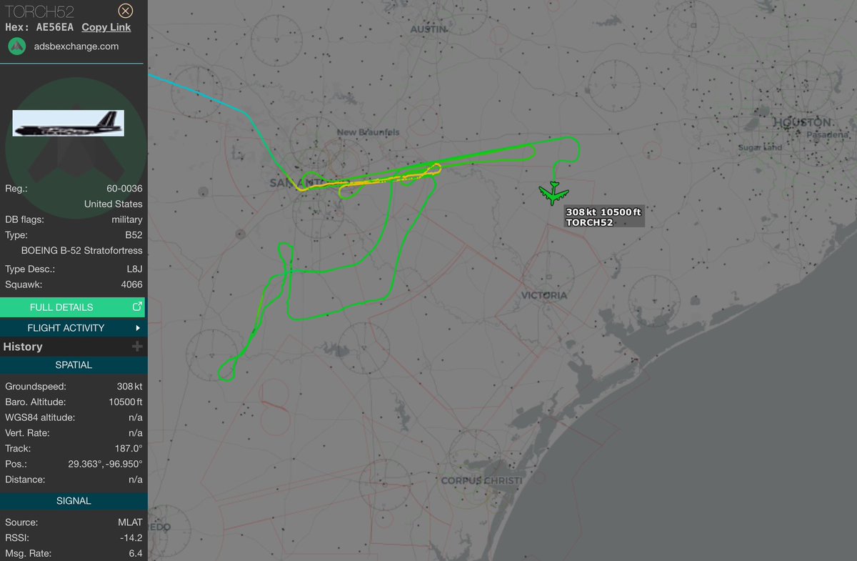 Not everyday you see the Edwards AFB B-52 flying low and interesting patterns over San Antonio 👀 🤔