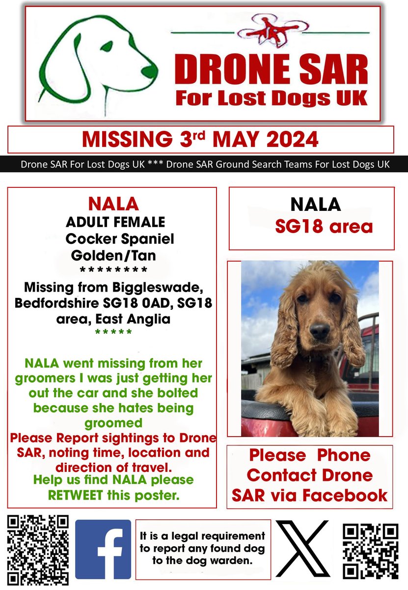 #LostDog #Alert NALA
Female Cocker Spaniel Golden/Tan (Age: Adult)
Missing from Biggleswade, Bedfordshire SG18 0AD, SG18 area, East Anglia on Friday, 3rd May 2024 #DroneSAR #MissingDog