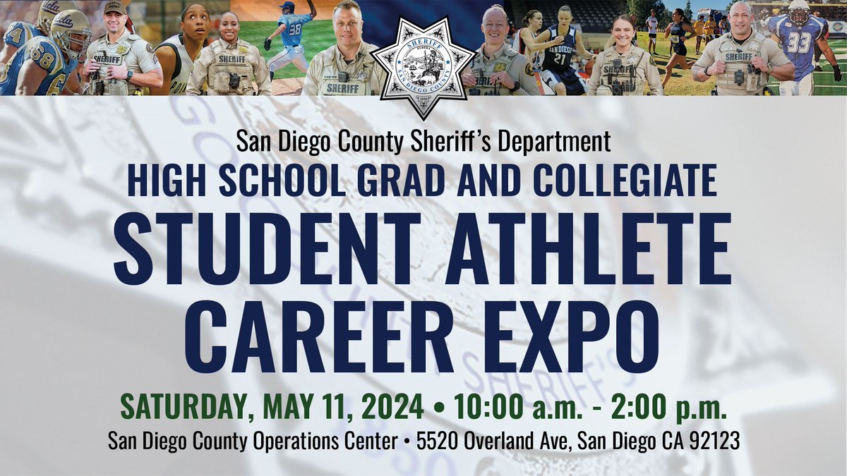 Graduation is coming fast. What is your plan? How about a career with the San Diego County Sheriff's Department. Find out more at the Student Athlete Career Expo, May 11, 10 am-2pm at the San Diego County Operations Center. Start a career not just a job! #sdso #valleycenter