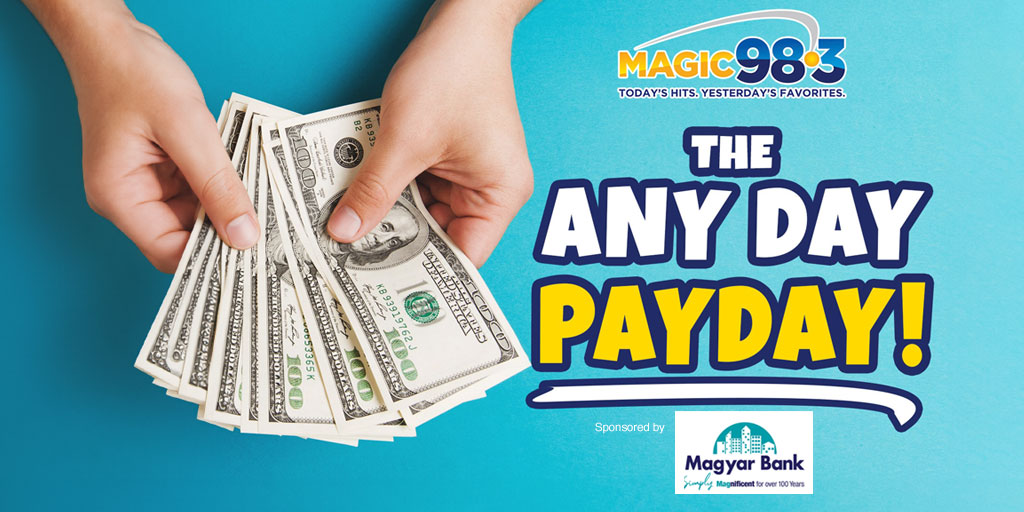 #ad Magic 98.3 listeners can score $1,000 with the ANYDAY PAYDAY! Listen on weekdays at 8 am, 10 am, noon, 3 pm, and 5 pm for the keyword, and enter it here or on the app to score. Sponsored by @MagyarBank. magic983.com/contests/the-a… #banking