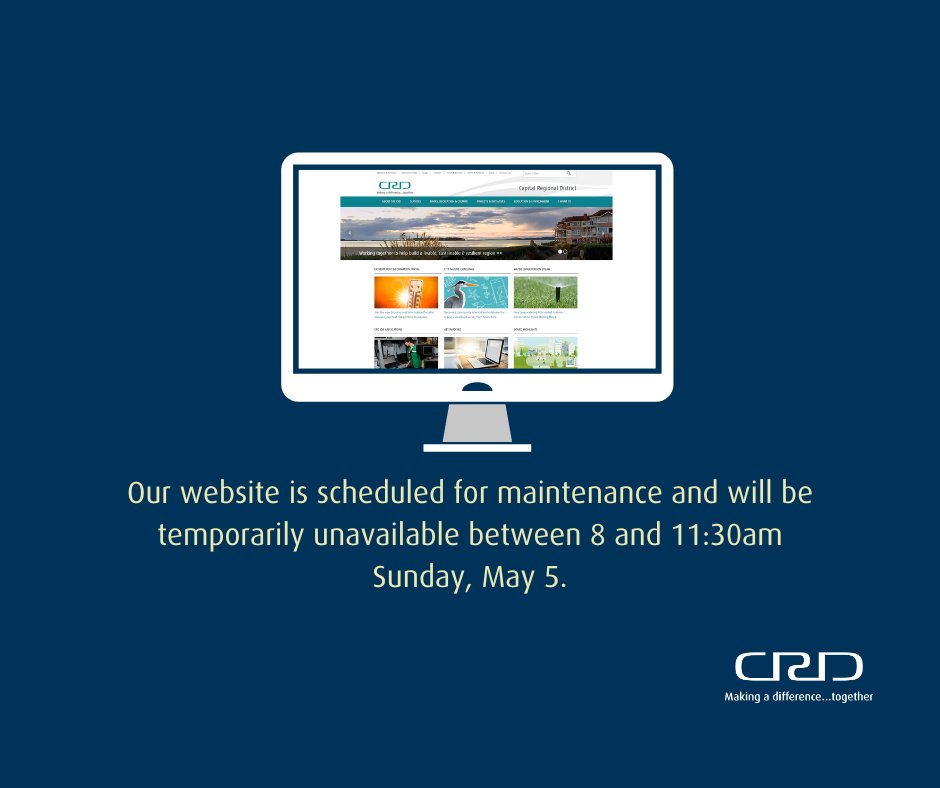 The CRD website will be unavailable from 8-11:30am on Sunday May 5 due to scheduled network maintenance. During this time, you won’t be able to use the website. Emails will be answered during regular operating hours for recreation centres and locations open on Sundays.