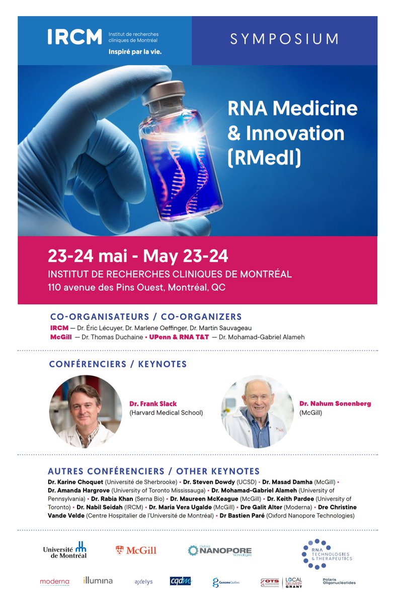 Join us for the #RNA Medicine & Innovation (RMedI) symposium next May 23-24. Register here: ircm.qc.ca/en/events-deta…