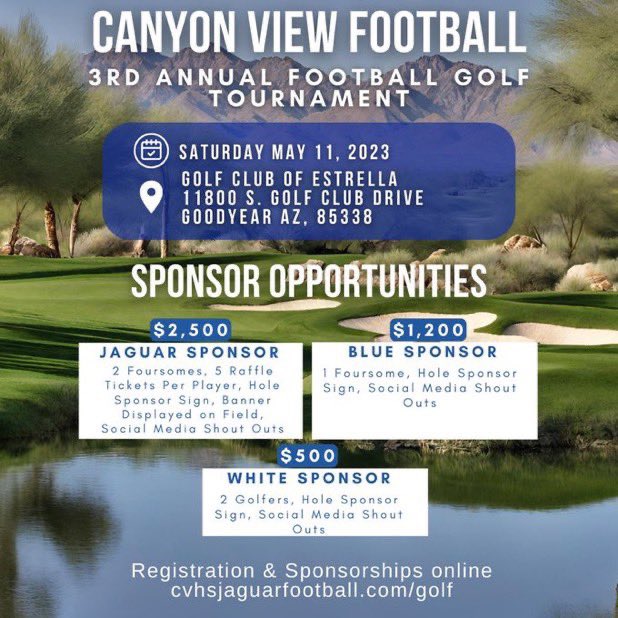 We are close to our 3rd annual Golf Tournament. This is always a fun event to help Canyon View Football. Go ahead and sign up before all the spots are gone! @CVjagsfootball cvhsjaguarfootball.com/golf