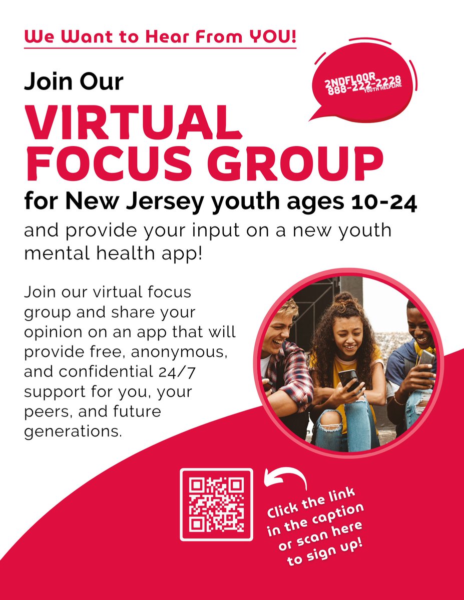 We want to hear from you! Please join our virtual focus group for New Jersey youth ages 10-24 and provide your input on a new youth mental health app! To sign up, please visit bit.ly/2NDFLOORfg