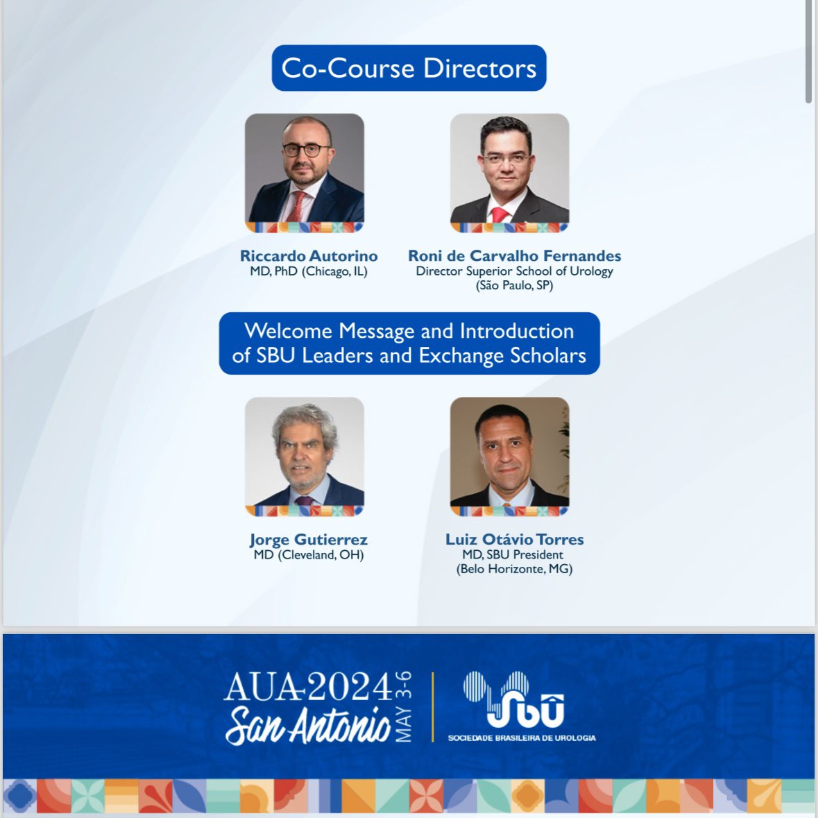 Bárbara Melão, MD, PhD (@bavilima) on Twitter photo Come & join us tomorrow morning!
AUA/Brazilian/Portuguese Program <a href="/AmerUrological/">Amer. Urol. Assn.</a> <a href="/sbuoficial/">Sociedade Brasileira de Urologia</a>
<a href="/RafaelFCoelho2/">Rafael Coelho</a> <a href="/urologistaabc/">Leonardo Seligra Lopes, MD MSc</a> <a href="/DrAndreBerger/">Andre Berger</a> <a href="/wroclawski_uro/">Marcelo Wroclawski</a> <a href="/eliney_faria/">Eliney Faria, PhD,MD</a> <a href="/TorricelliUro/">Fabio Torricelli</a> <a href="/spsutkaMD/">Sarah P. Psutka MD MS</a> <a href="/carmenmir/">Miranda</a> <a href="/DrDeanElterman/">Dean Elterman</a> <a href="/carme_mir1/">Carme Mir</a> Come & join us tomorrow morning!
AUA/Brazilian/Portuguese Program <a href="/AmerUrological/">Amer. Urol. Assn.</a> <a href="/sbuoficial/">Sociedade Brasileira de Urologia</a>
<a href="/RafaelFCoelho2/">Rafael Coelho</a> <a href="/urologistaabc/">Leonardo Seligra Lopes, MD MSc</a> <a href="/DrAndreBerger/">Andre Berger</a> <a href="/wroclawski_uro/">Marcelo Wroclawski</a> <a href="/eliney_faria/">Eliney Faria, PhD,MD</a> <a href="/TorricelliUro/">Fabio Torricelli</a> <a href="/spsutkaMD/">Sarah P. Psutka MD MS</a> <a href="/carmenmir/">Miranda</a> <a href="/DrDeanElterman/">Dean Elterman</a> <a href="/carme_mir1/">Carme Mir</a>