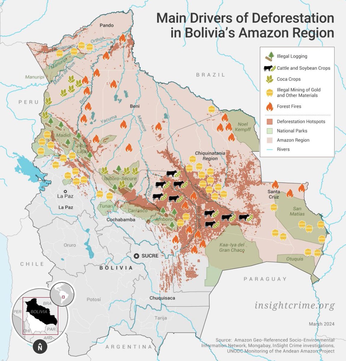 #Bolívia registered record breaking deforestation - an area the size of Switzerland - between 2022 and 2024. Cattle and soy together with environment #crimes like logging. gold mining and mercury trade are to blame. New from @igarape.org and @InSightCrime. igarape.org.br/wp-content/upl…