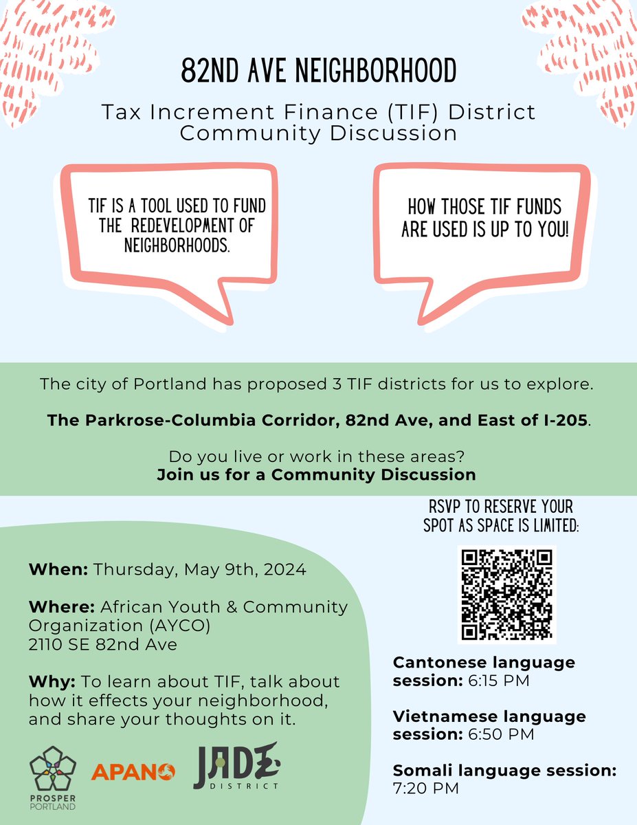 Join @prosperportland next Thursday, 5/9 for a discussion about the TIF District exploration process for the 82nd Ave Corridor at AYCO: 2110 SE 82nd Ave. Cantonese / 广东话: 6:15 pm Vietnamese / Tiếng Việt: 6:50 pm Somali / Somaliyeed: 7:20 pm Register: docs.google.com/forms/d/1BSuTa…